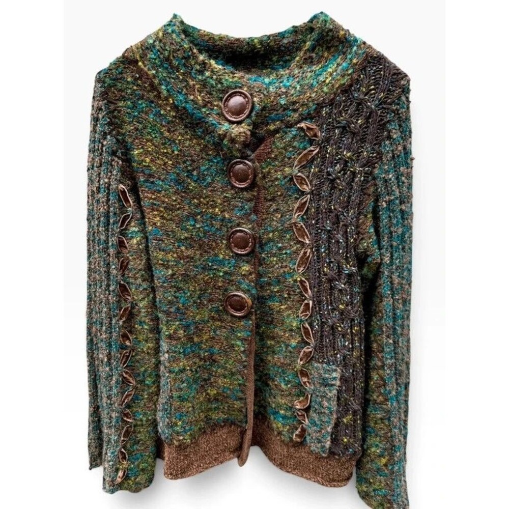 Boho Eclectic Artsy Curio Textured Knit Cardigan Velvet Ribbon Trim - S